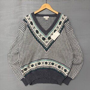 NEW Cattivo Houndstooth Retro‎ Multicolor V Neck Wool Grey Sweater 90s XL
